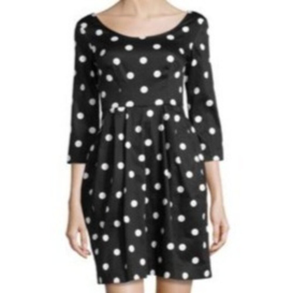 Betsey Johnson Polka Dot Dress Black White 3/4 Sleeve Pleated Size 4 Pockets